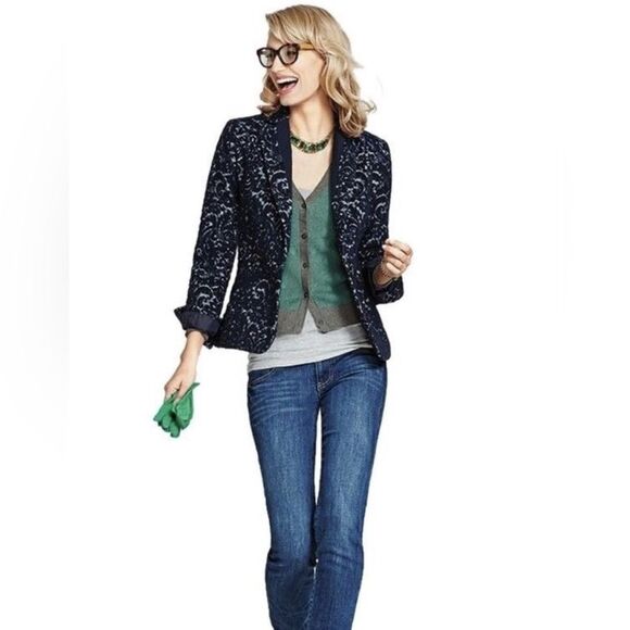 CAbi Womans Sz 4 Navy Jacquard Brocade Paisley Blazer Jacket Wool Blend Lined - Picture 1 of 9